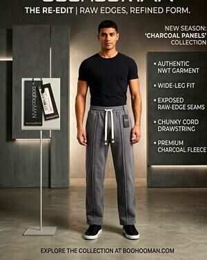 boohooMAN Wide Leg Exposed Seam Fleece Sweatpants Drawstring Pockets Gray S